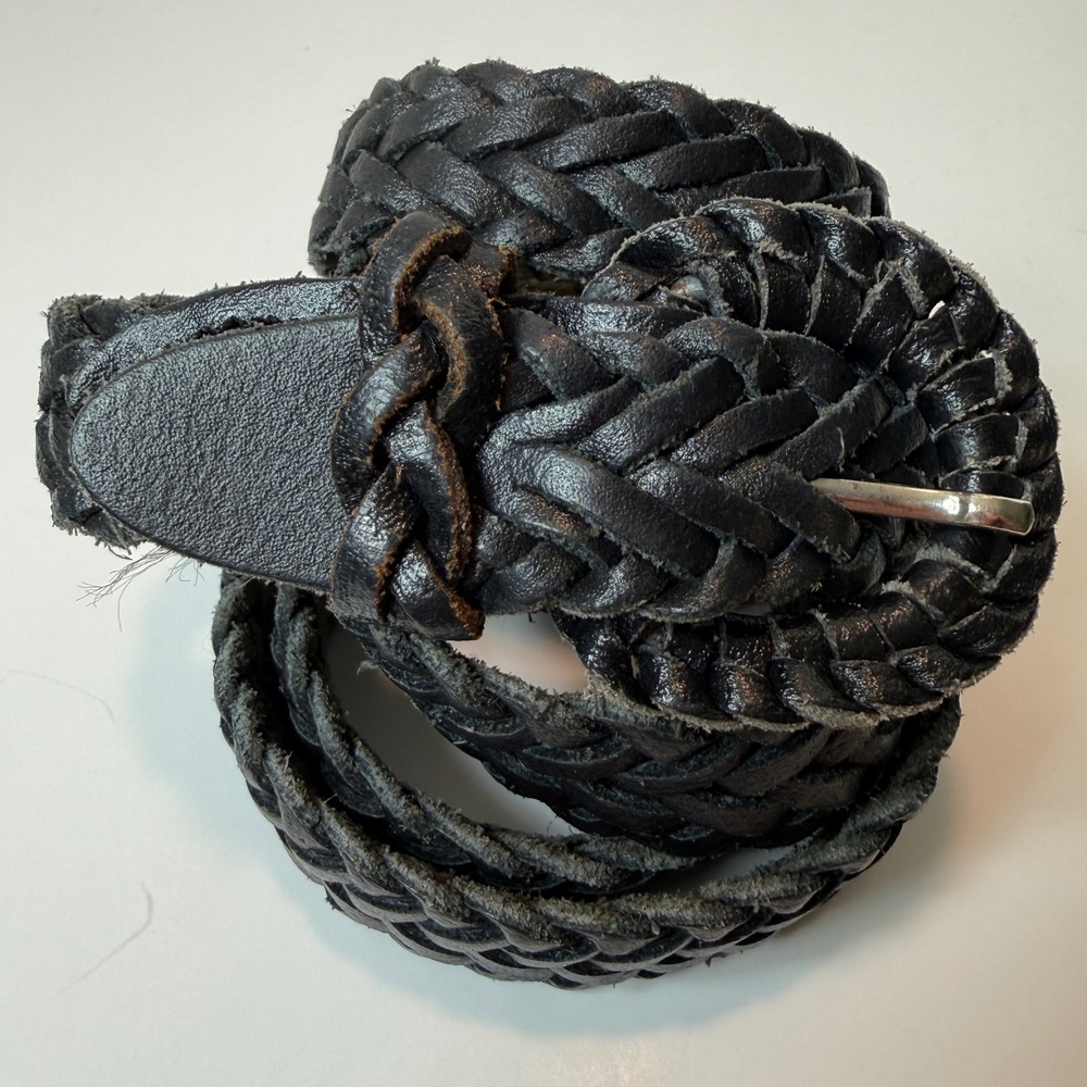 Black Genuine Leather Woven Braided Skinny Belt Size M/L Up to 40" Grunge‎ Indie